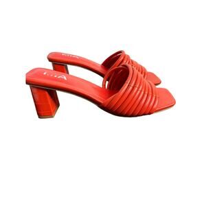 MIA NWOT Women's Sofya Heeled Sandal Ribbed Mules Red Slip On Open Toe Size 7